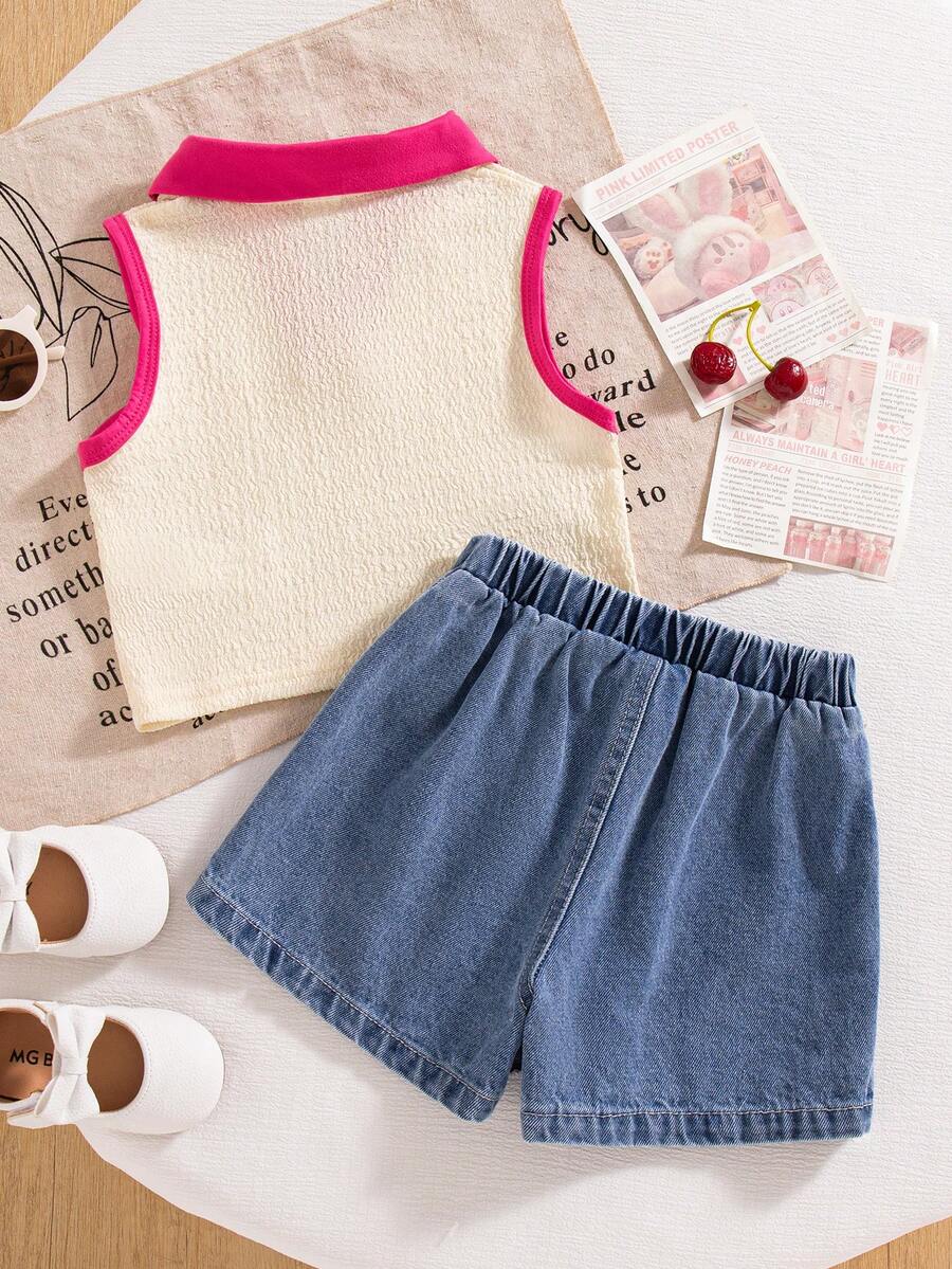 Toddler Girls Textured Knit Vest Top And Denim Skort Flower Embroidered Summer Outfit Set