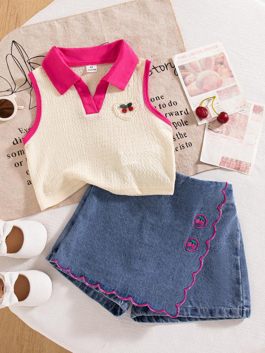 Toddler Girls Textured Knit Vest Top And Denim Skort Flower Embroidered Summer Outfit Set