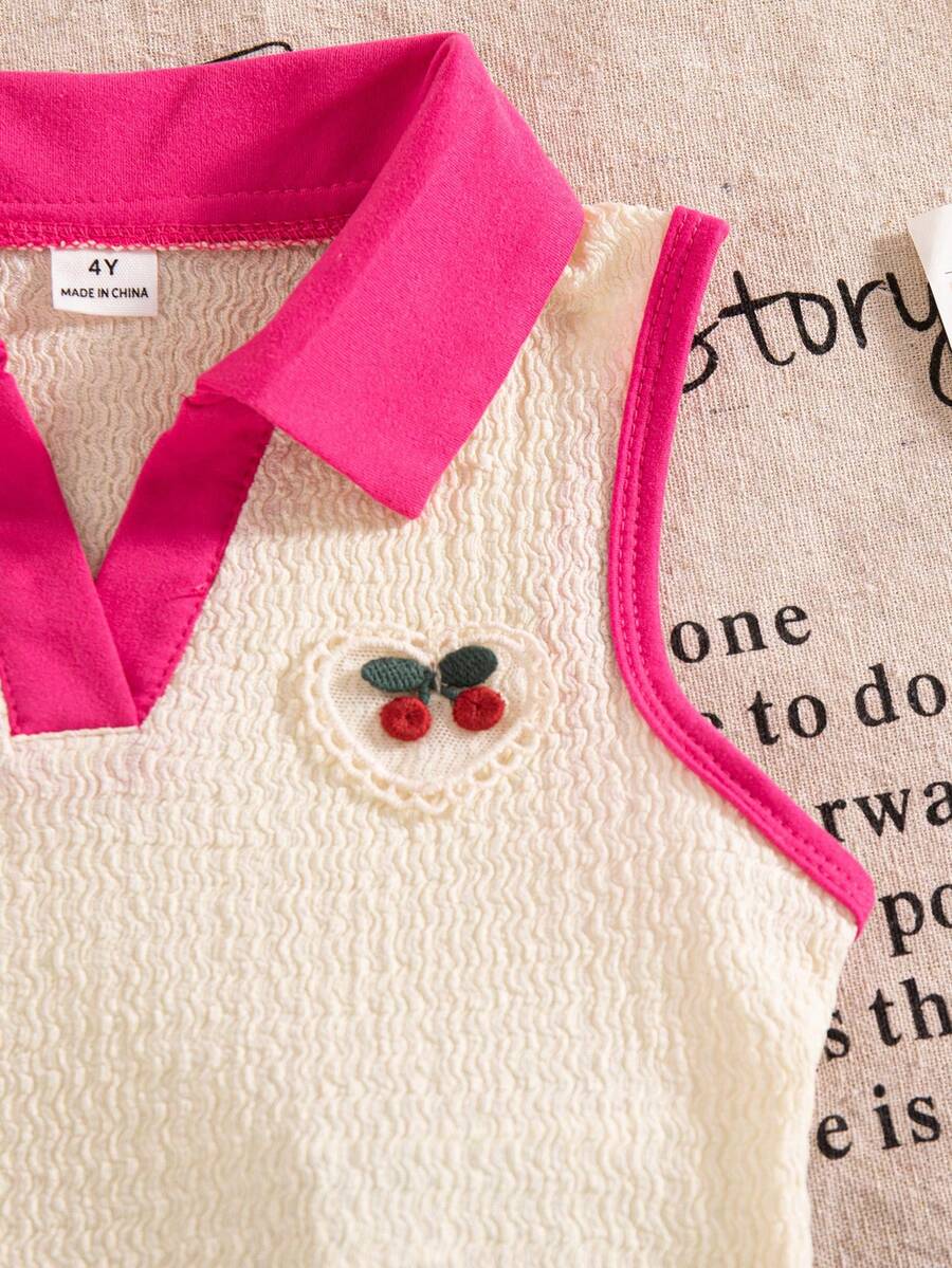 Toddler Girls Textured Knit Vest Top And Denim Skort Flower Embroidered Summer Outfit Set
