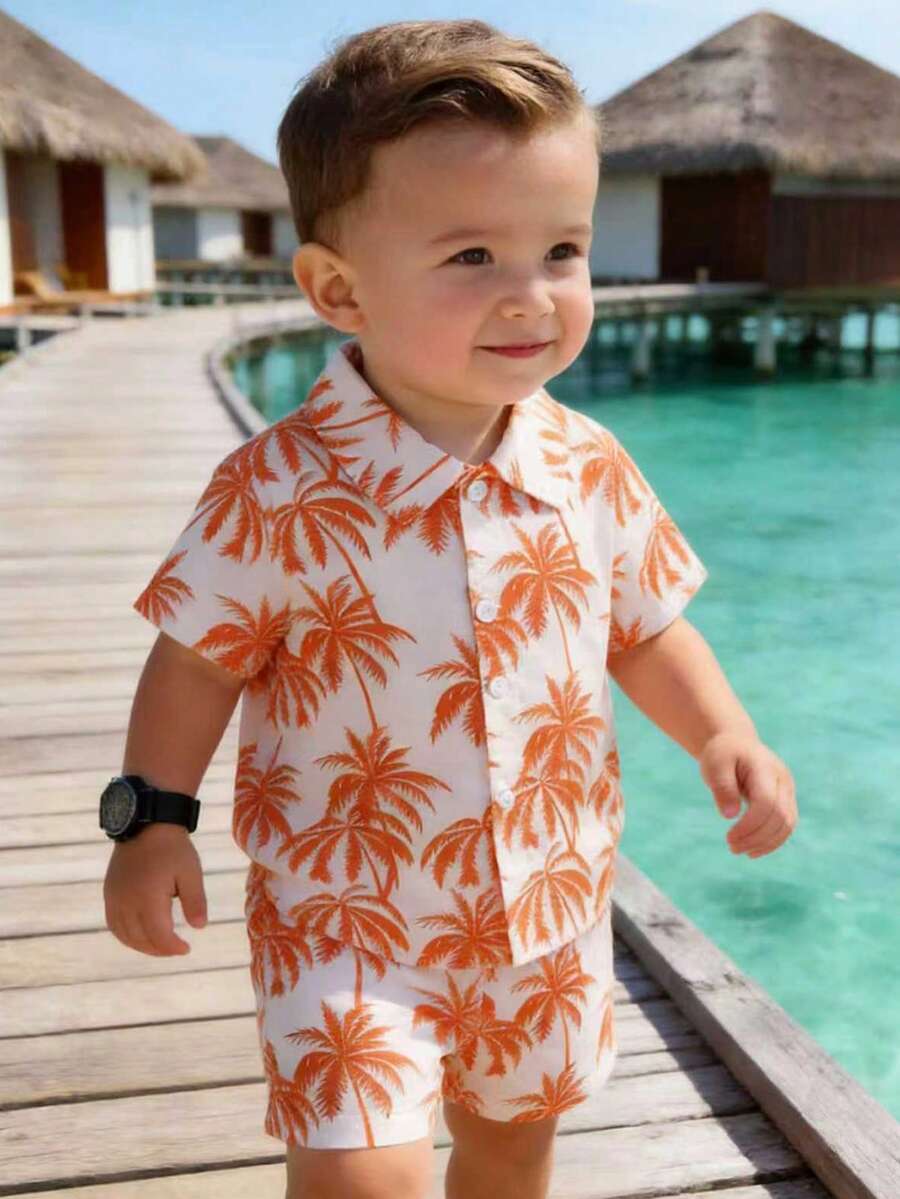 2pcs/Set Baby Boy Tropical Plant Pattern Vacation Outfit (6M-3T)