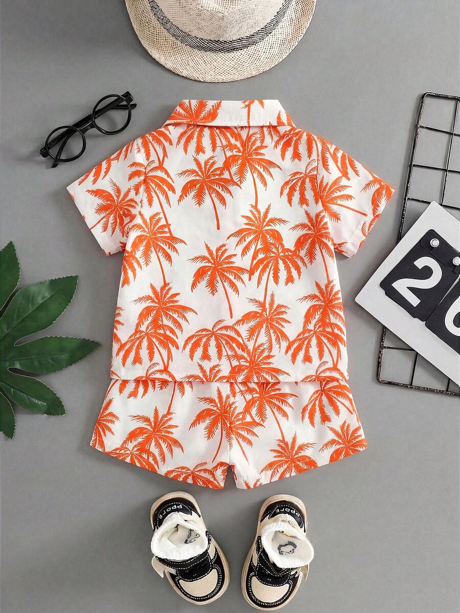 2pcs/Set Baby Boy Tropical Plant Pattern Vacation Outfit (6M-3T)