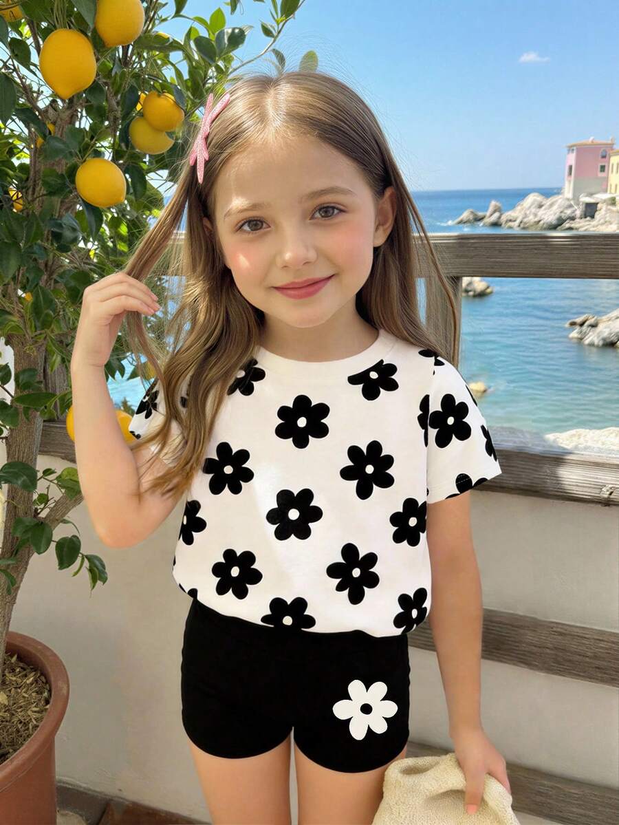 Lemon Fruit & Letter Print Short Sleeve Top and Shorts Set for Baby Girls