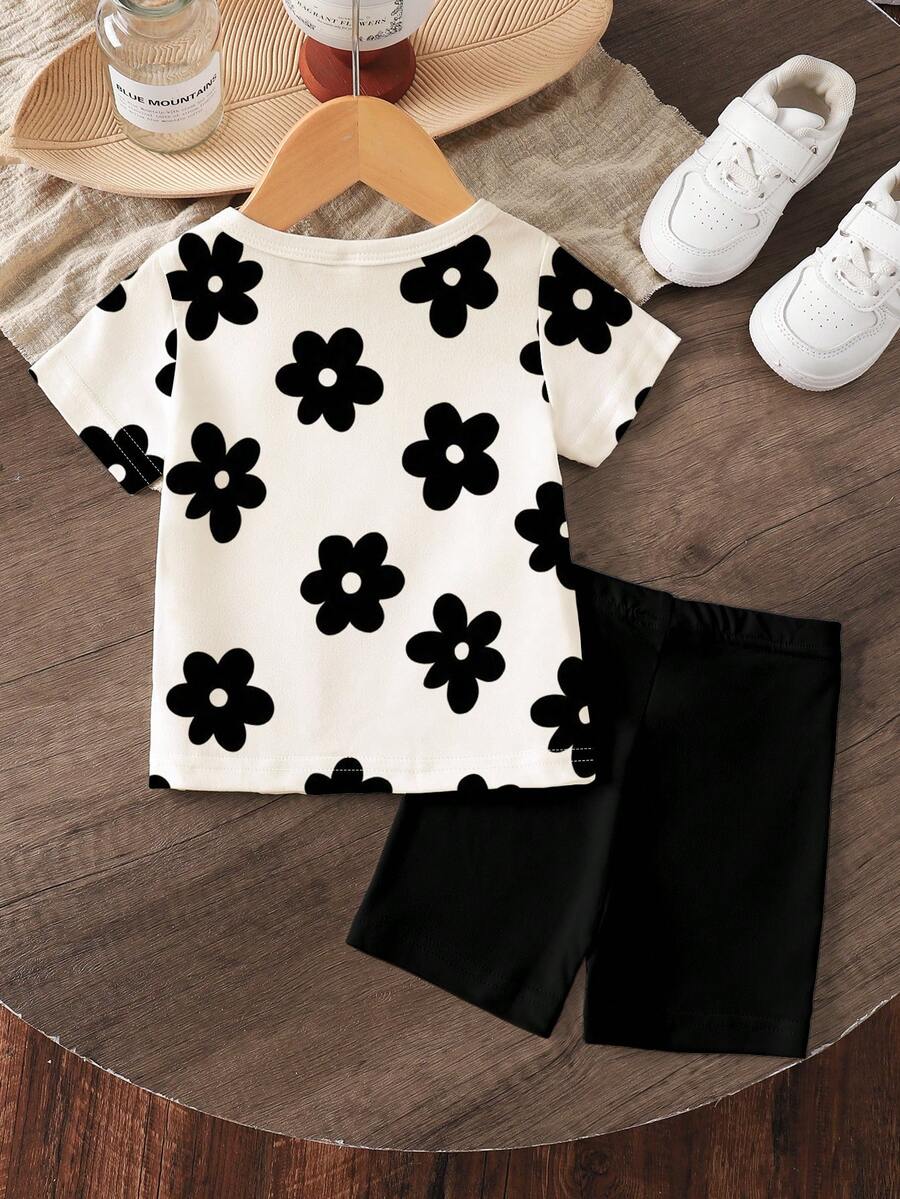 Lemon Fruit & Letter Print Short Sleeve Top and Shorts Set for Baby Girls