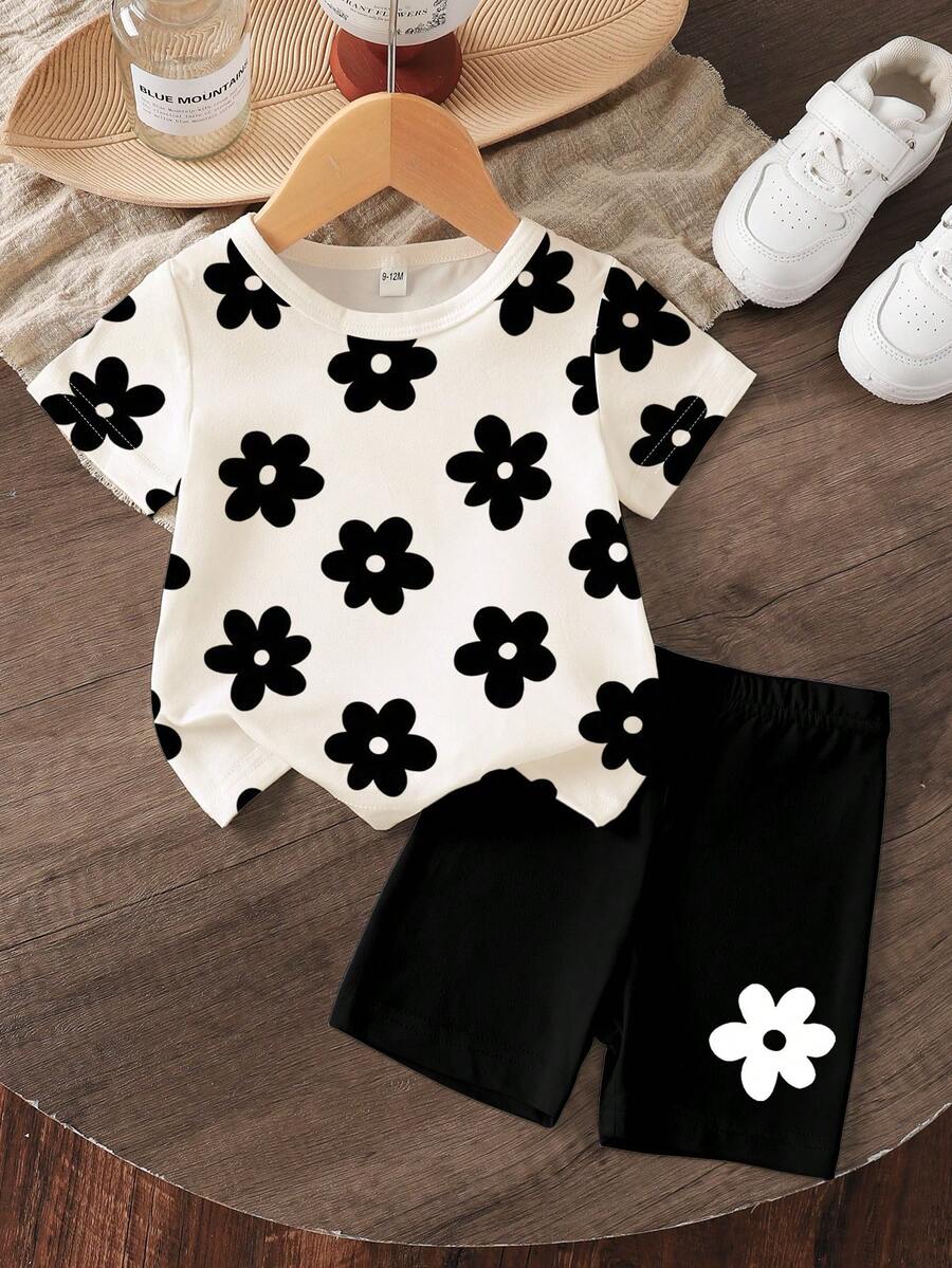 Lemon Fruit & Letter Print Short Sleeve Top and Shorts Set for Baby Girls