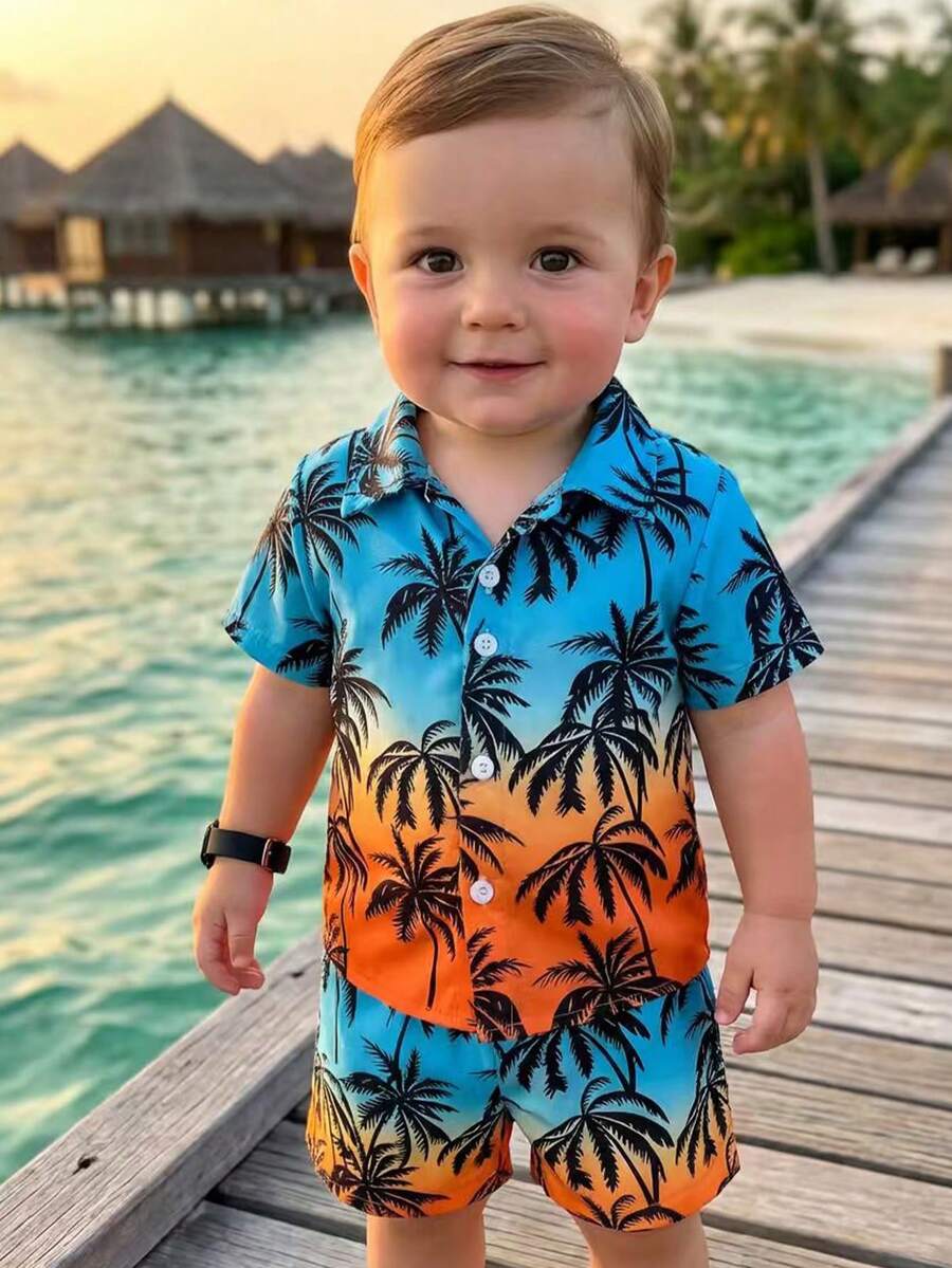 2pcs/Set Baby Boy Tropical Plant Pattern Vacation Outfit (6M-3T)