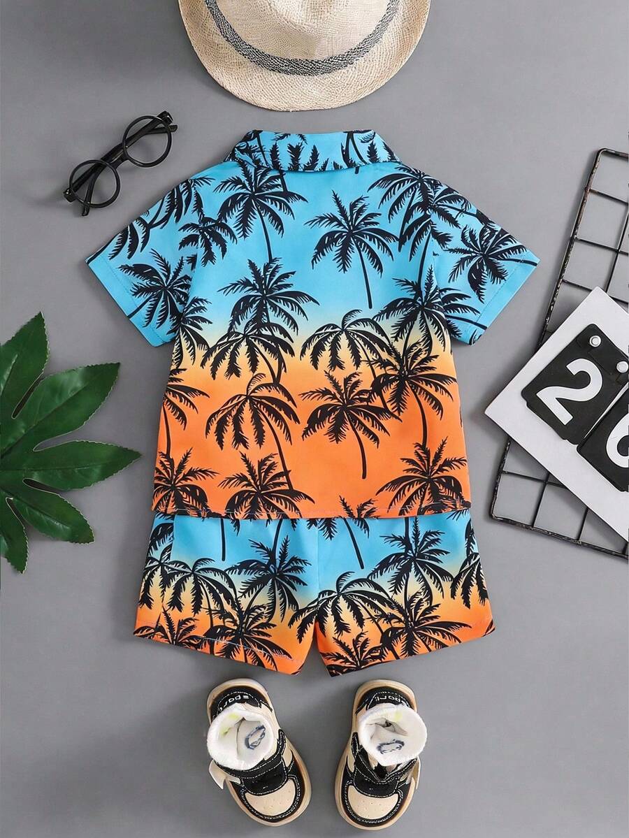 2pcs/Set Baby Boy Tropical Plant Pattern Vacation Outfit (6M-3T)