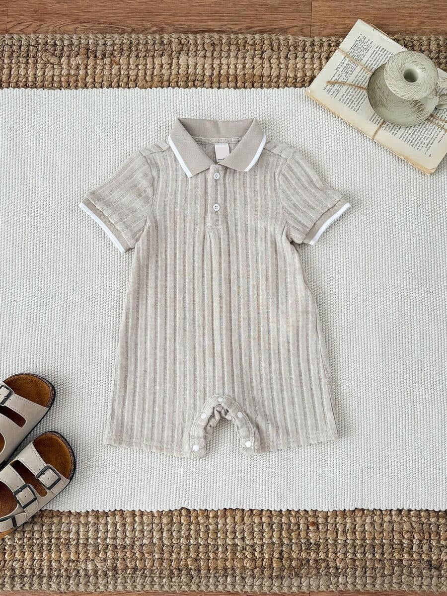 Unisex Newborn Baby Contrast Color Jacquard Polo Collar Half Zip Short Sleeve Jumpsuit Summer Outfit