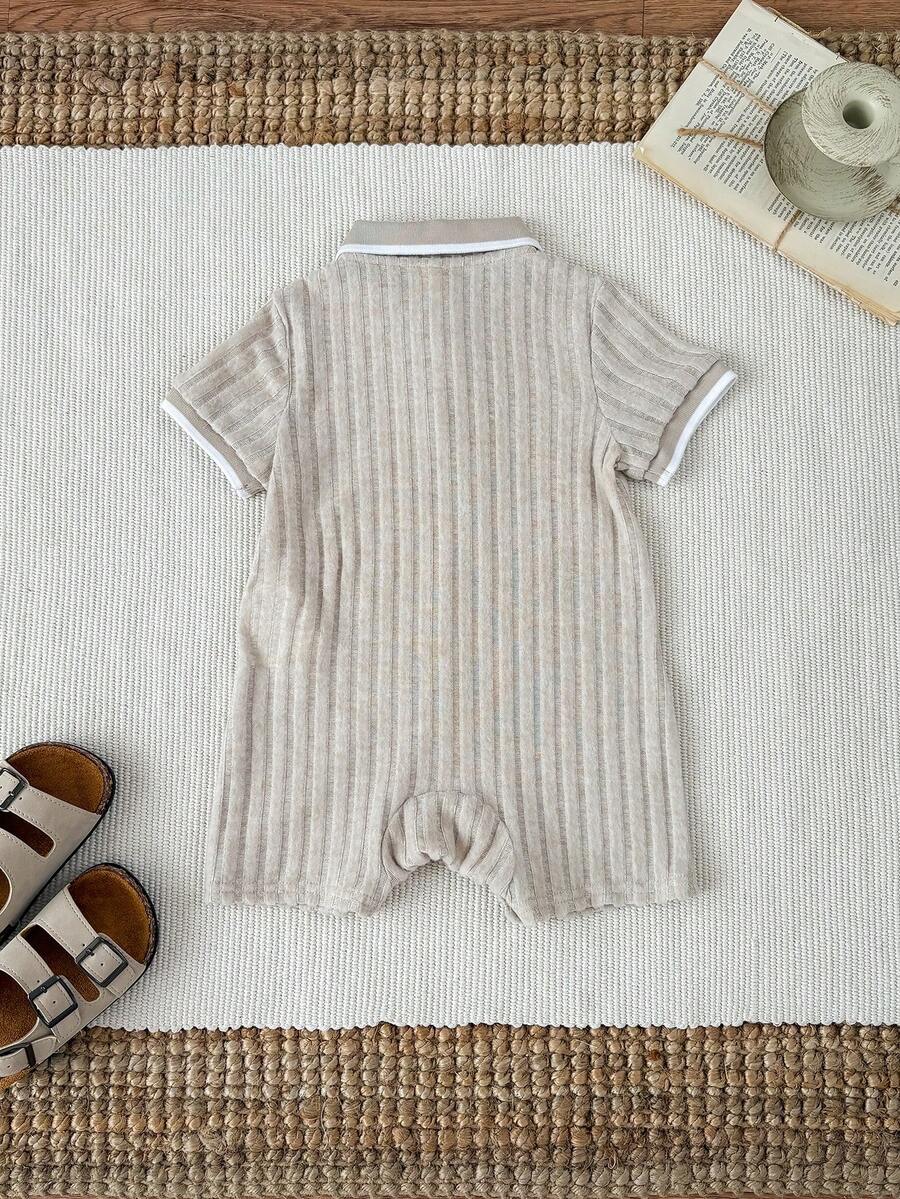 Unisex Newborn Baby Contrast Color Jacquard Polo Collar Half Zip Short Sleeve Jumpsuit Summer Outfit