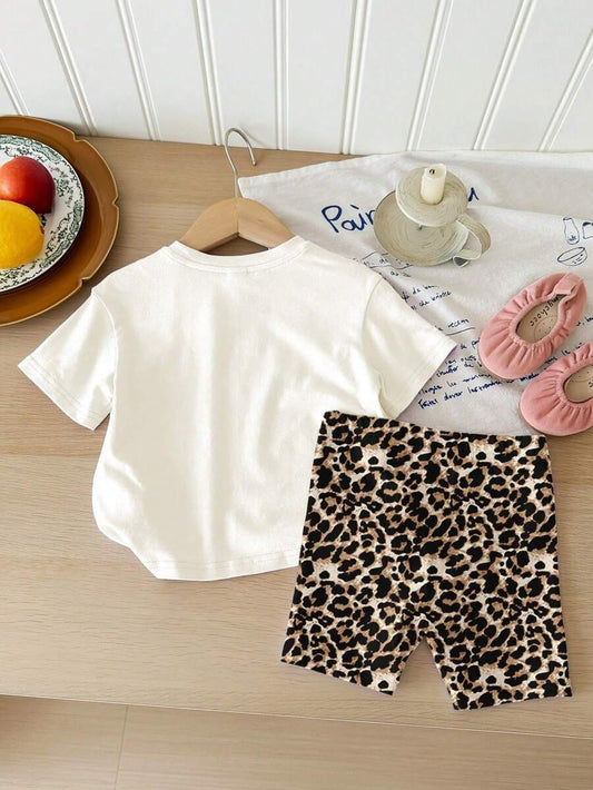 Letter Print And Leopard Shorts Outfit For Baby Girls Casual Summer Wear