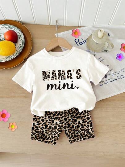 Letter Print And Leopard Shorts Outfit For Baby Girls Casual Summer Wear