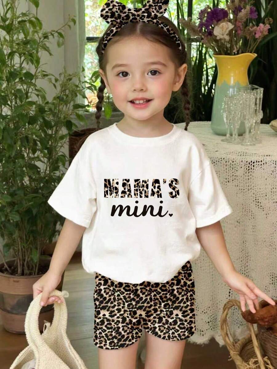 Letter Print And Leopard Shorts Outfit For Baby Girls Casual Summer Wear