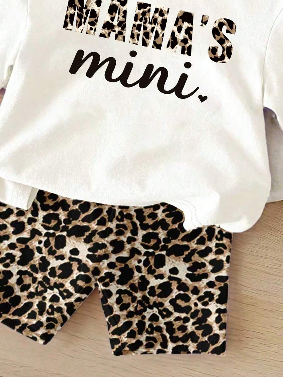Letter Print And Leopard Shorts Outfit For Baby Girls Casual Summer Wear