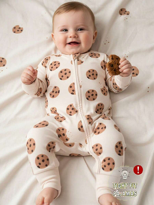 Baby Boy Cookie Print Zip Up Long Sleeve Jumpsuit Pajamas Soft One Piece Sleepwear