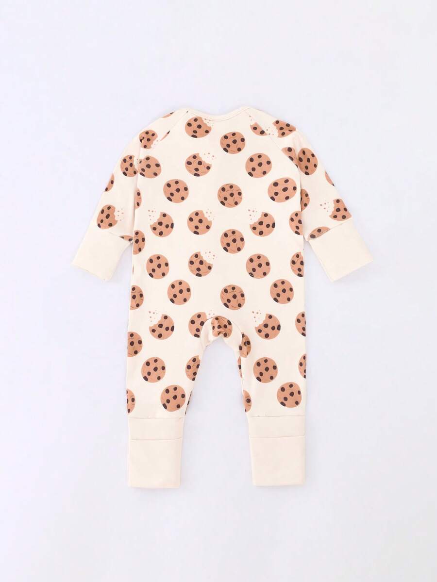 Baby Boy Cookie Print Zip Up Long Sleeve Jumpsuit Pajamas Soft One Piece Sleepwear