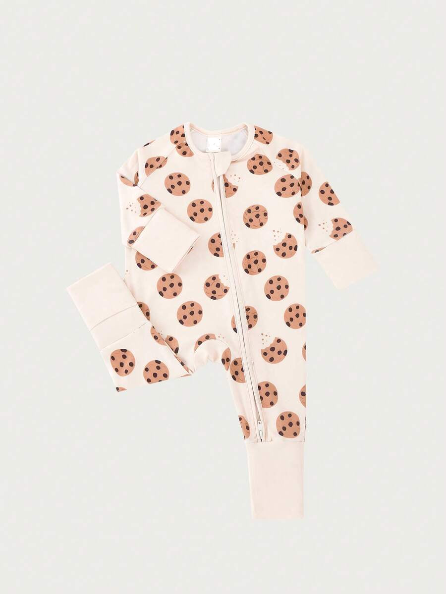 Baby Boy Cookie Print Zip Up Long Sleeve Jumpsuit Pajamas Soft One Piece Sleepwear