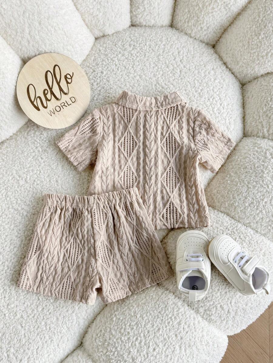 Baby Boy 2pcs Knit Jacquard Summer Set - Short Sleeve Shirt & Elastic Shorts