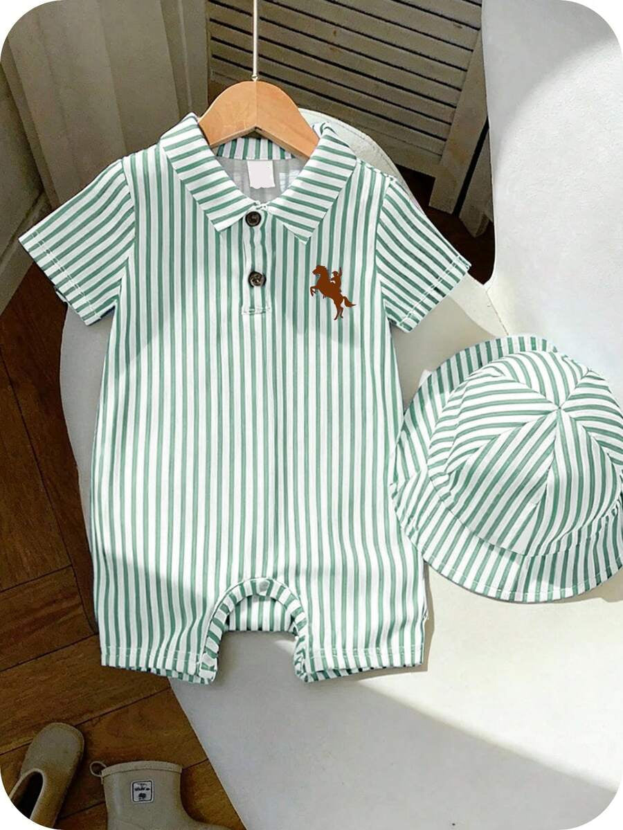 Newborn Baby Boy Girl Horse Print Polo Romper & Sun Hat 2 Piece Outfit Set for Spring Summer