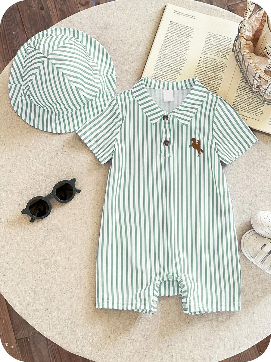 Newborn Baby Boy Girl Horse Print Polo Romper & Sun Hat 2 Piece Outfit Set for Spring Summer