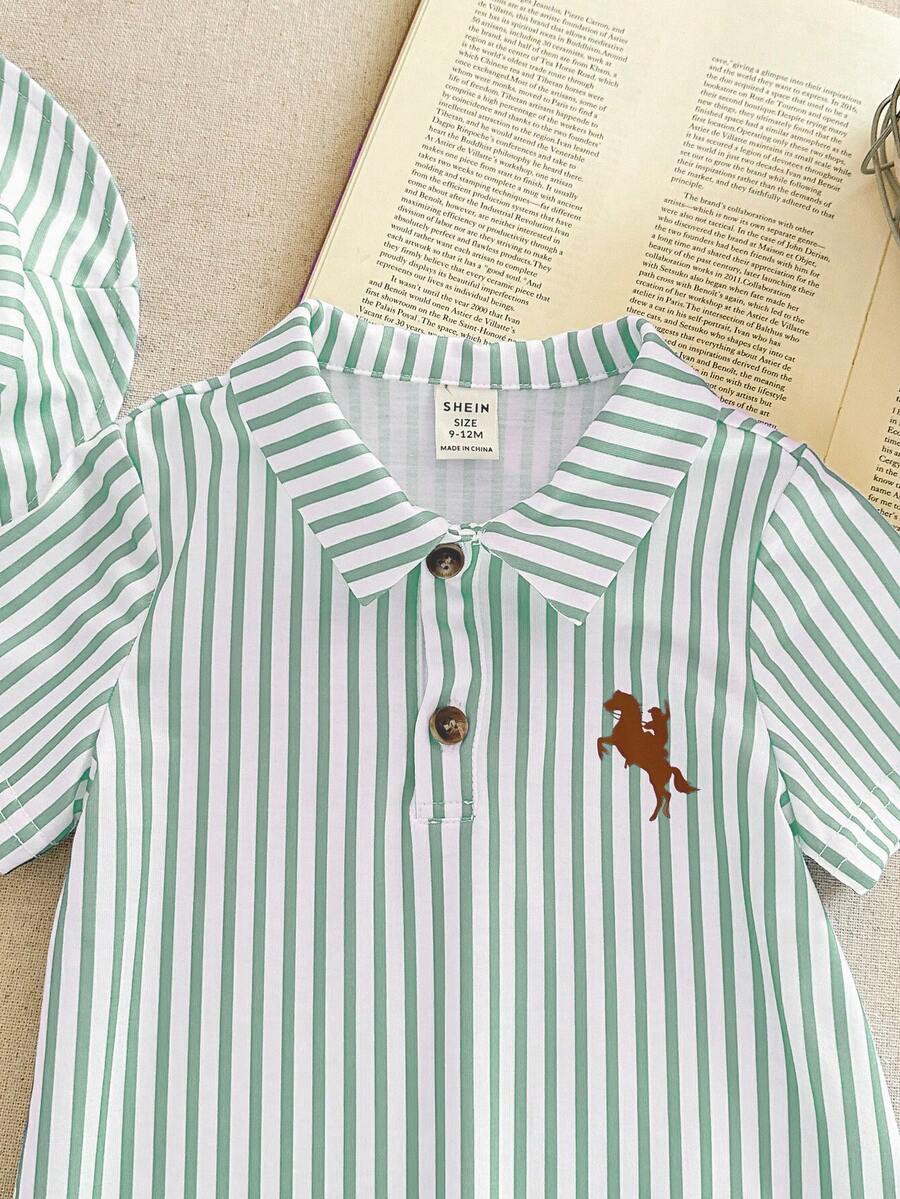 Newborn Baby Boy Girl Horse Print Polo Romper & Sun Hat 2 Piece Outfit Set for Spring Summer
