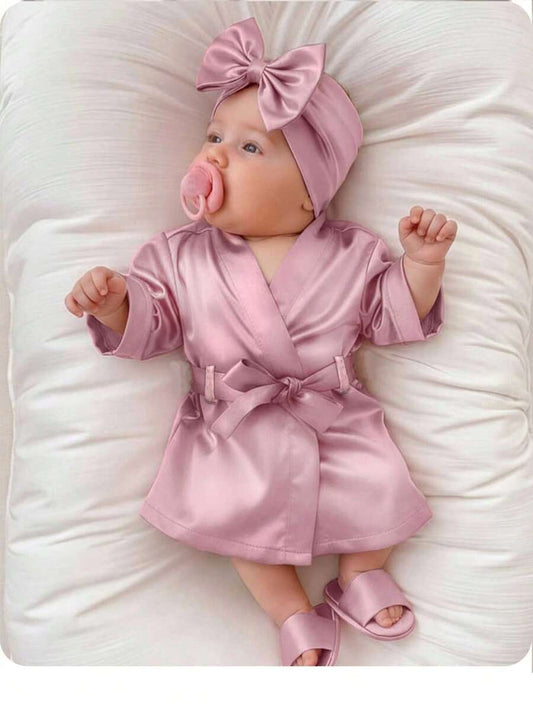 3PCS Baby Pink Bow Pajama Set with Hat and Slippers for Cozy Photoshoots