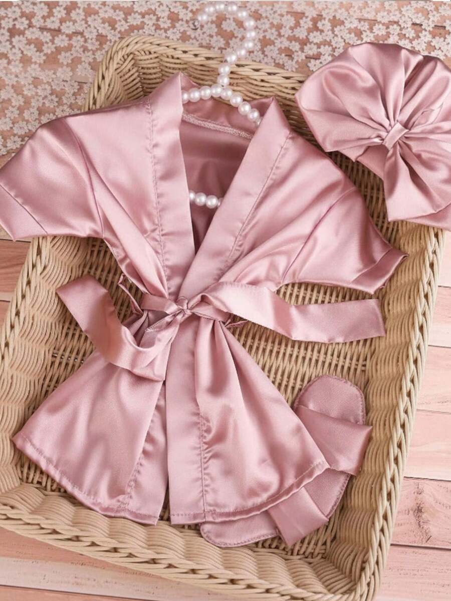 3PCS Baby Pink Bow Pajama Set with Hat and Slippers for Cozy Photoshoots