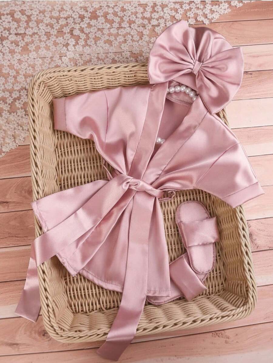 3PCS Baby Pink Bow Pajama Set with Hat and Slippers for Cozy Photoshoots
