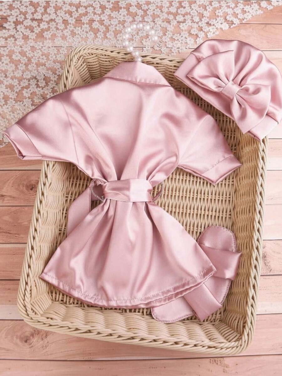 3PCS Baby Pink Bow Pajama Set with Hat and Slippers for Cozy Photoshoots