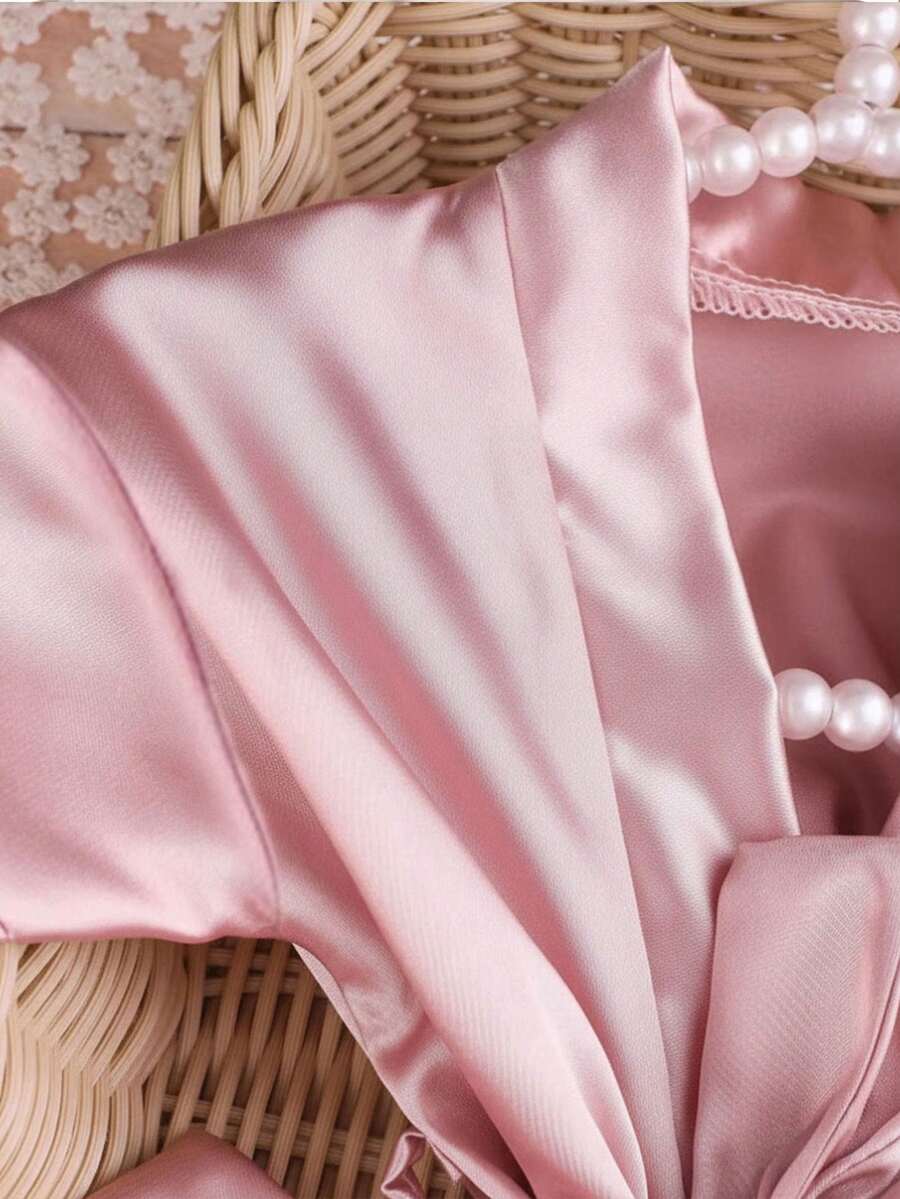3PCS Baby Pink Bow Pajama Set with Hat and Slippers for Cozy Photoshoots
