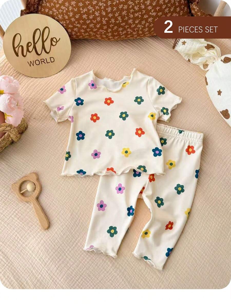 2PCS Baby Daisy Print T-Shirt and Shorts Set for Summer Daily Wear