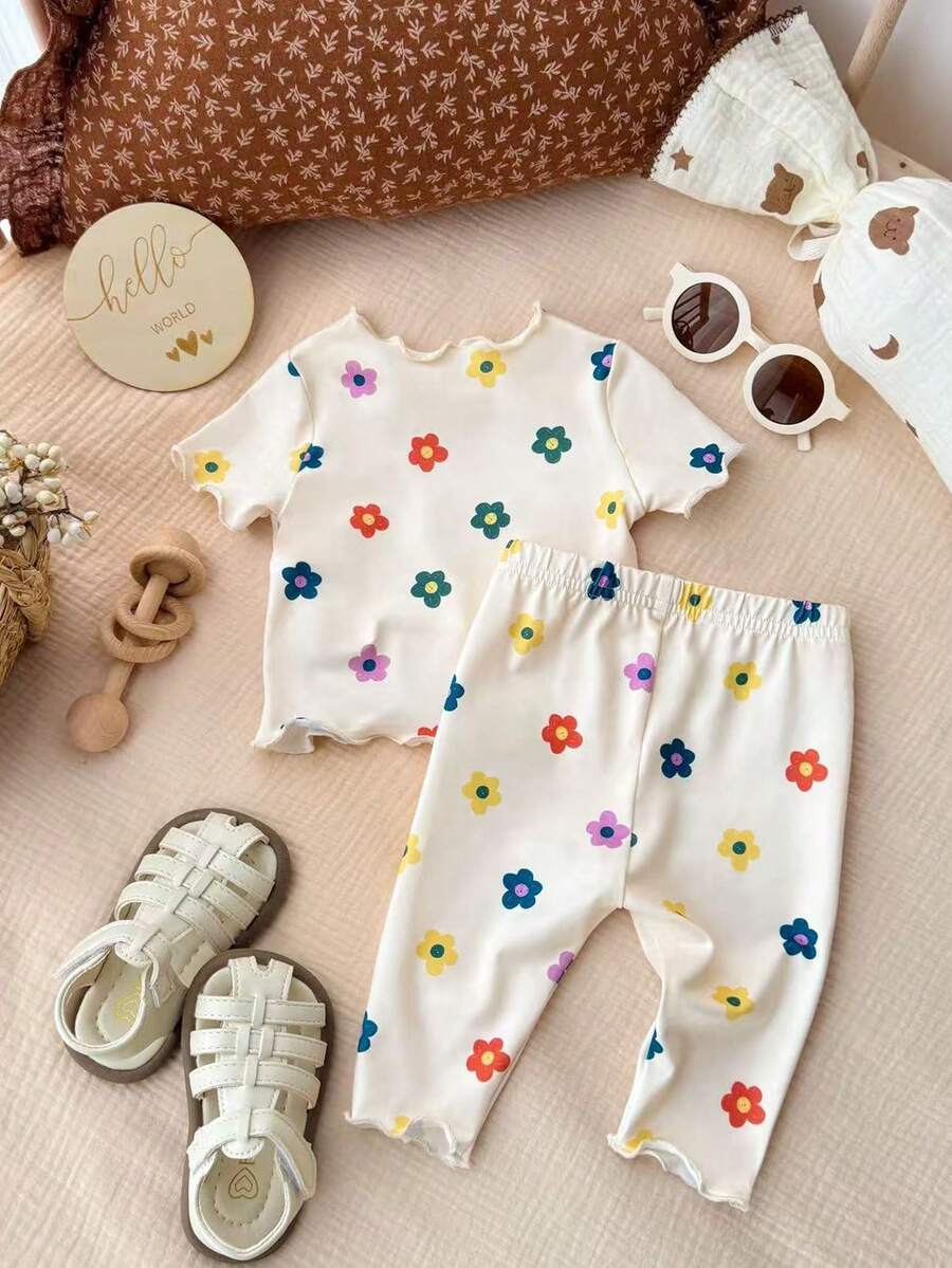 2PCS Baby Daisy Print T-Shirt and Shorts Set for Summer Daily Wear