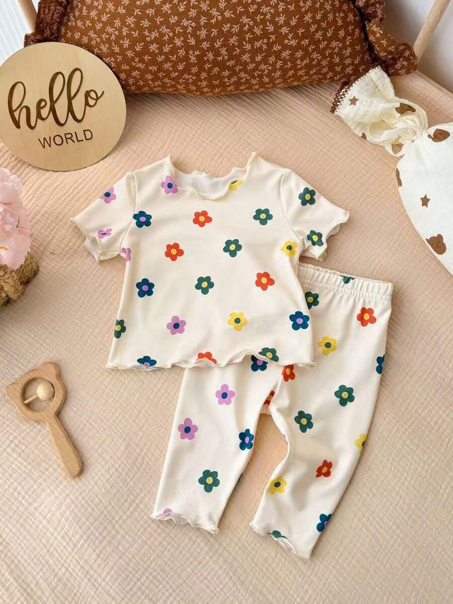 2PCS Baby Daisy Print T-Shirt and Shorts Set for Summer Daily Wear