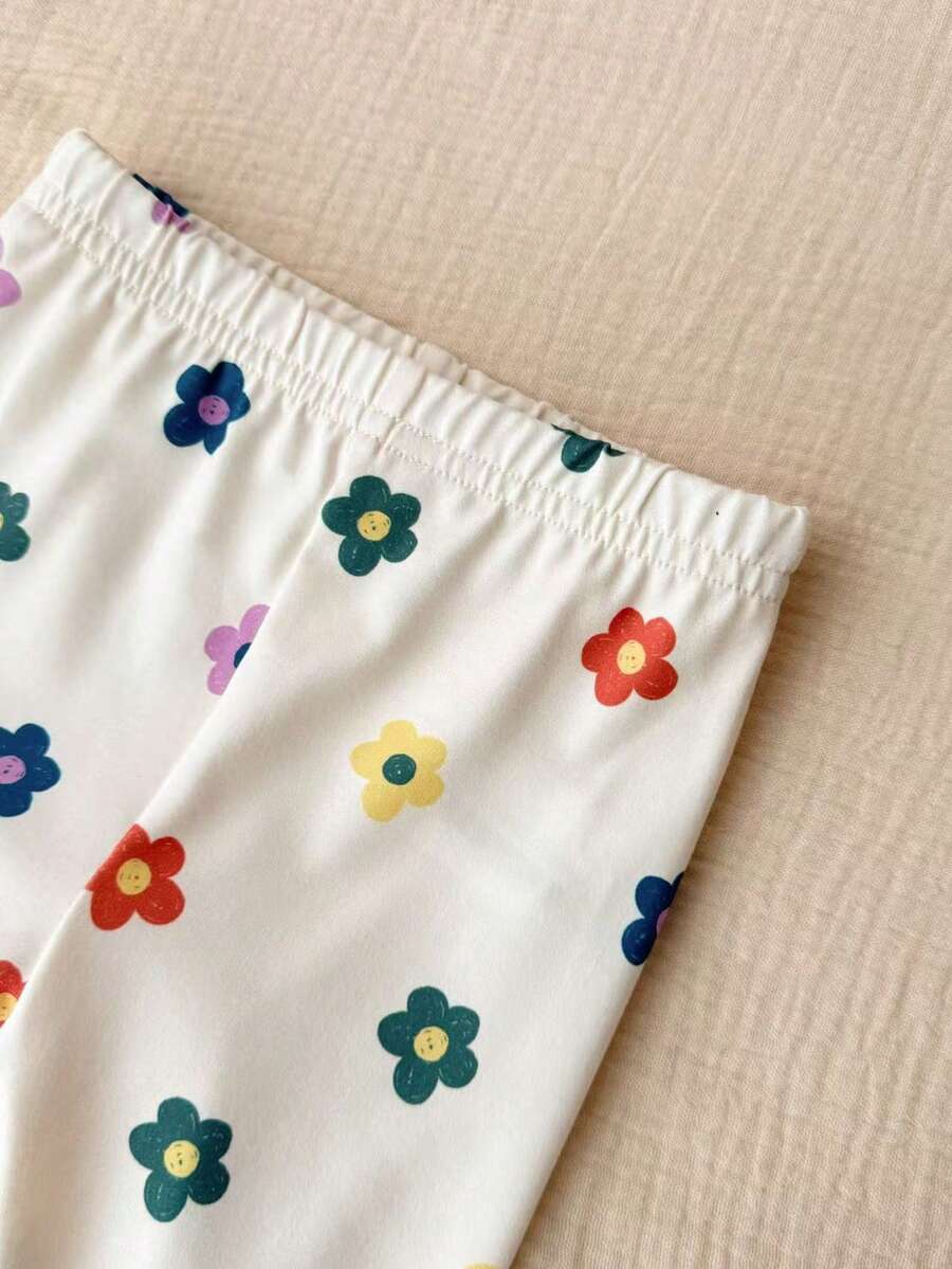 2PCS Baby Daisy Print T-Shirt and Shorts Set for Summer Daily Wear