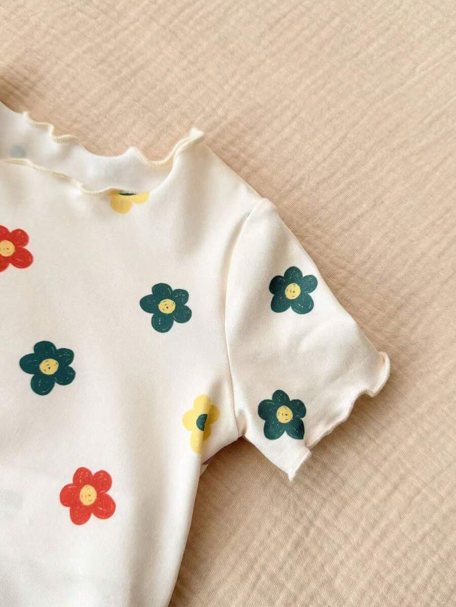 2PCS Baby Daisy Print T-Shirt and Shorts Set for Summer Daily Wear
