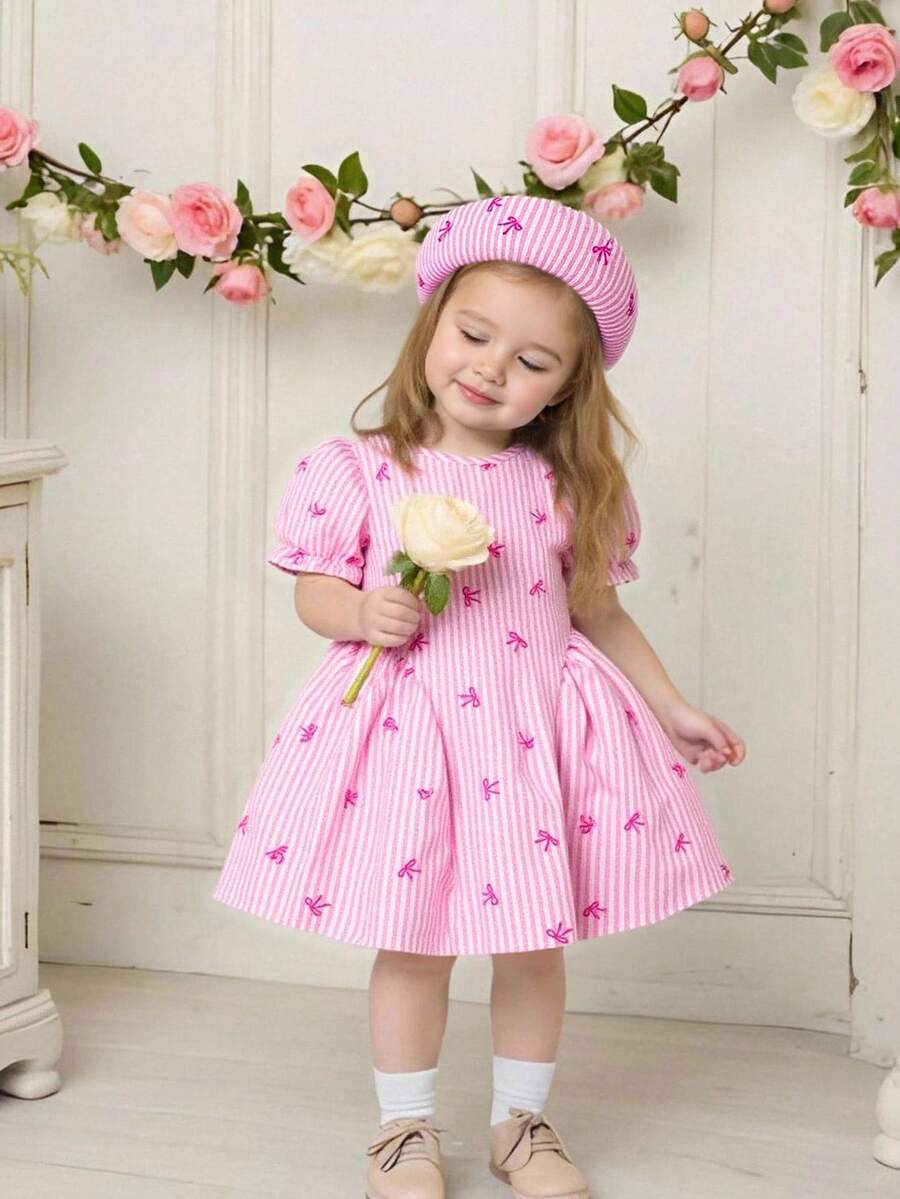 Baby Girls Cherry Plaid Dress And Beret Hat Set Cute Summer Vacation Outfit
