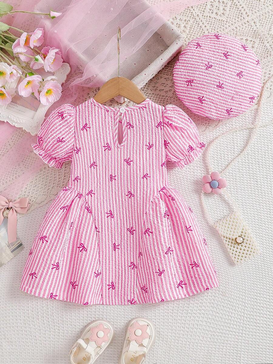 Baby Girls Cherry Plaid Dress And Beret Hat Set Cute Summer Vacation Outfit