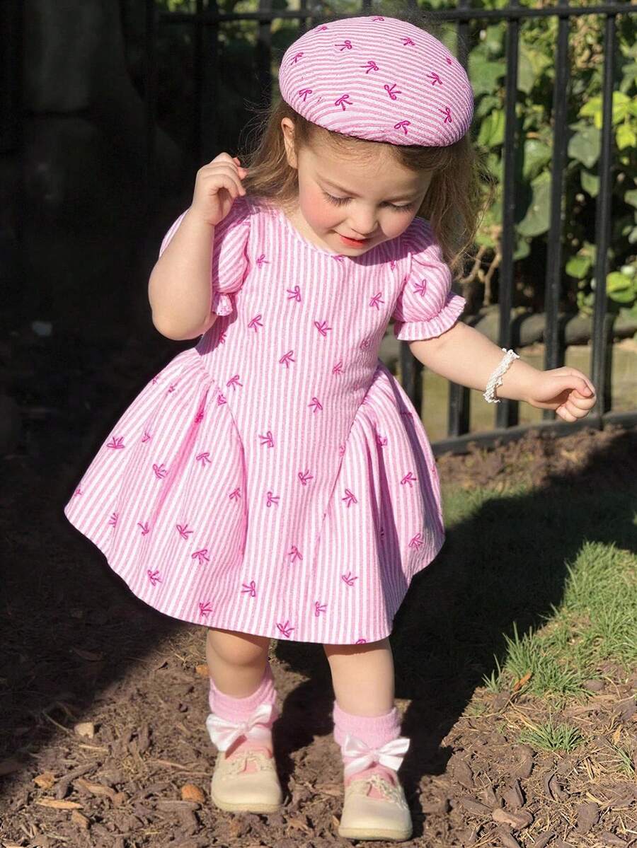 Baby Girls Cherry Plaid Dress And Beret Hat Set Cute Summer Vacation Outfit