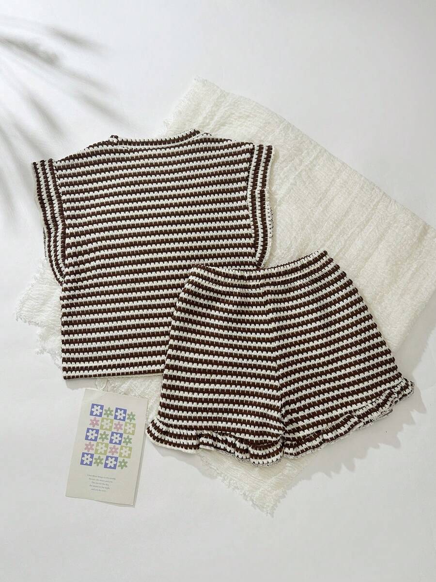 Baby Girl Black & White Striped Ruffle Sleeve T-Shirt & Shorts Set