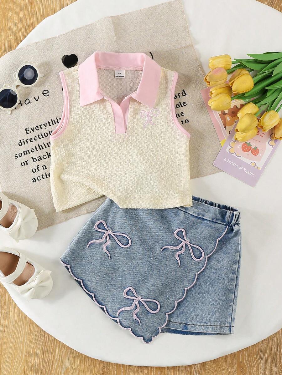 Toddler Girls Textured Knit Vest Top And Denim Skort Flower Embroidered Summer Outfit Set