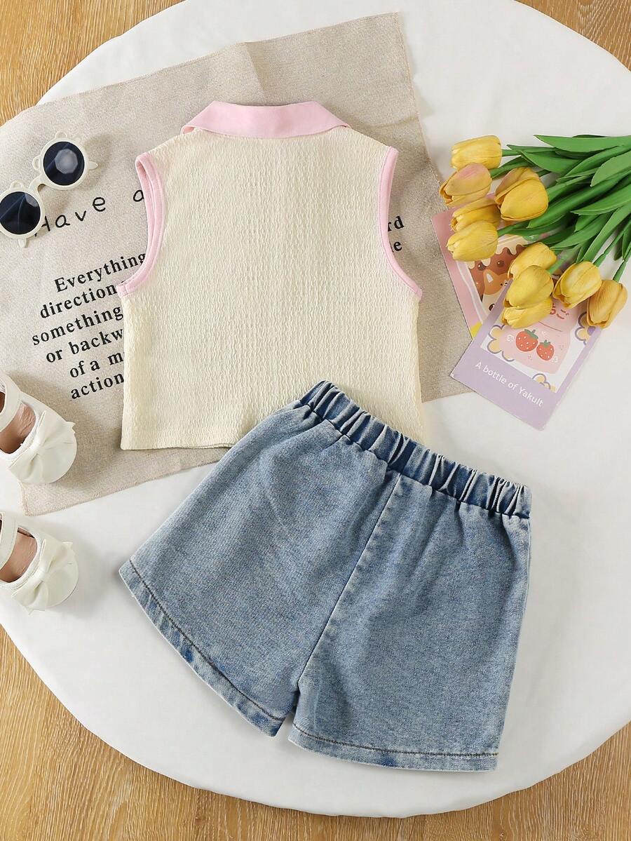 Toddler Girls Textured Knit Vest Top And Denim Skort Flower Embroidered Summer Outfit Set