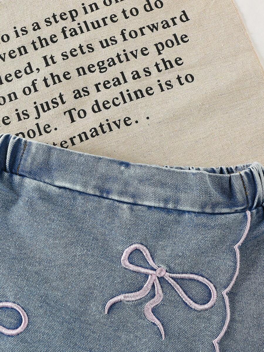 Toddler Girls Textured Knit Vest Top And Denim Skort Flower Embroidered Summer Outfit Set