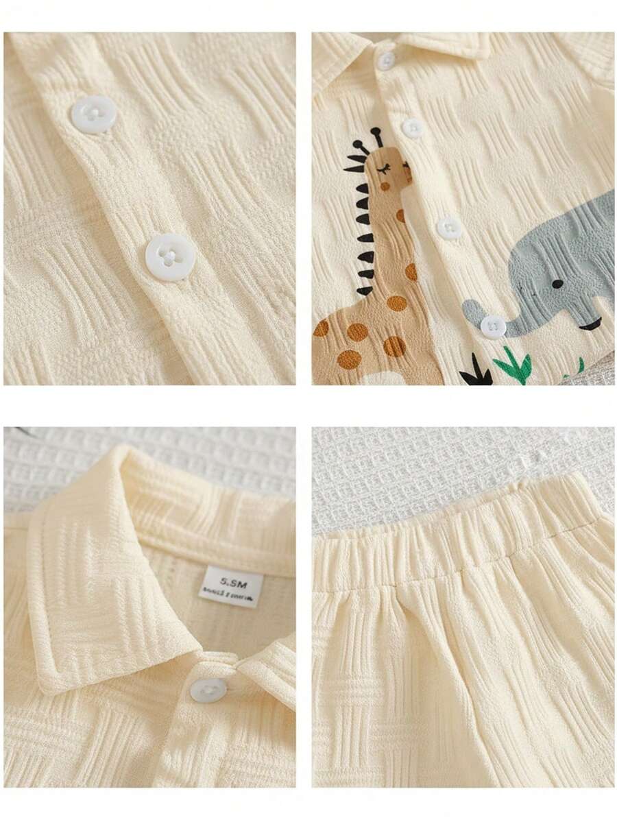 Baby Boy Cartoon Print Textured Shirt and Shorts 2 Piece Street Fashion Outfit Set