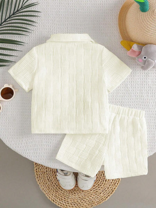 Baby Boy Cartoon Print Textured Shirt and Shorts 2 Piece Street Fashion Outfit Set
