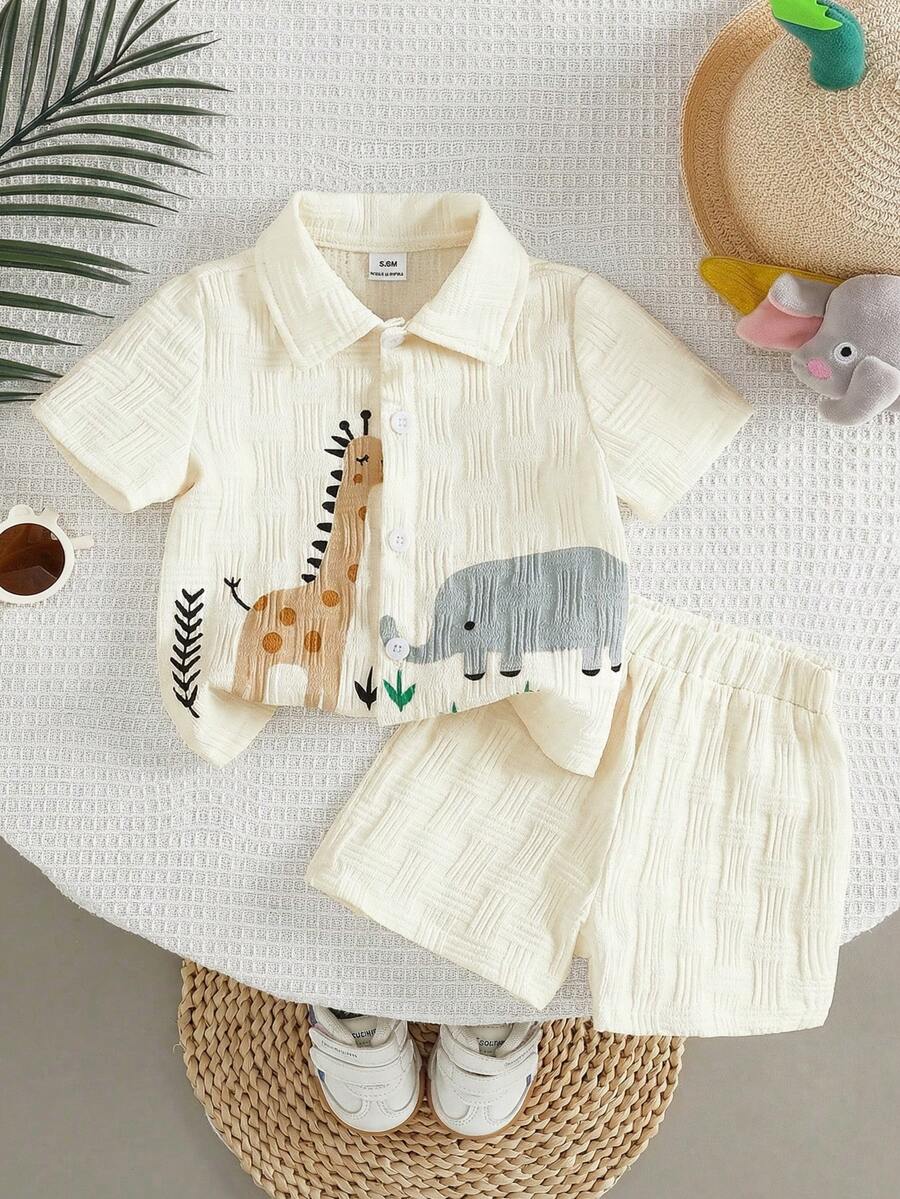 Baby Boy Cartoon Print Textured Shirt and Shorts 2 Piece Street Fashion Outfit Set