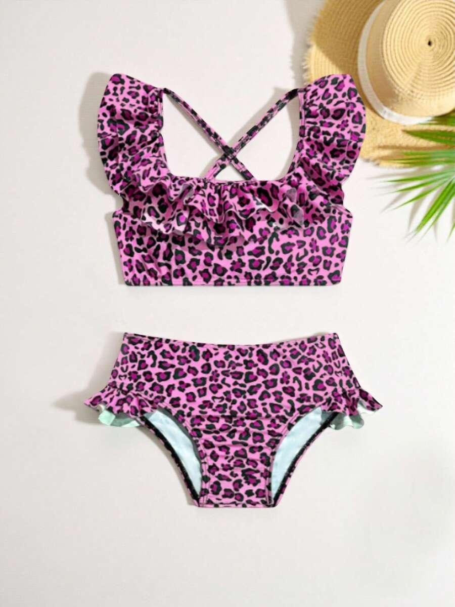 Baby Girls Leopard Print Bikini Set With Ruffle Trim Cute Summer Swimwear