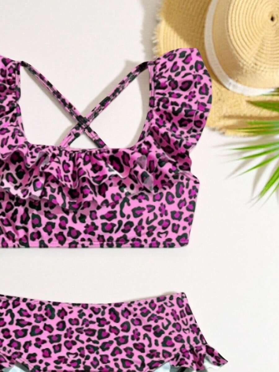 Baby Girls Leopard Print Bikini Set With Ruffle Trim Cute Summer Swimwear