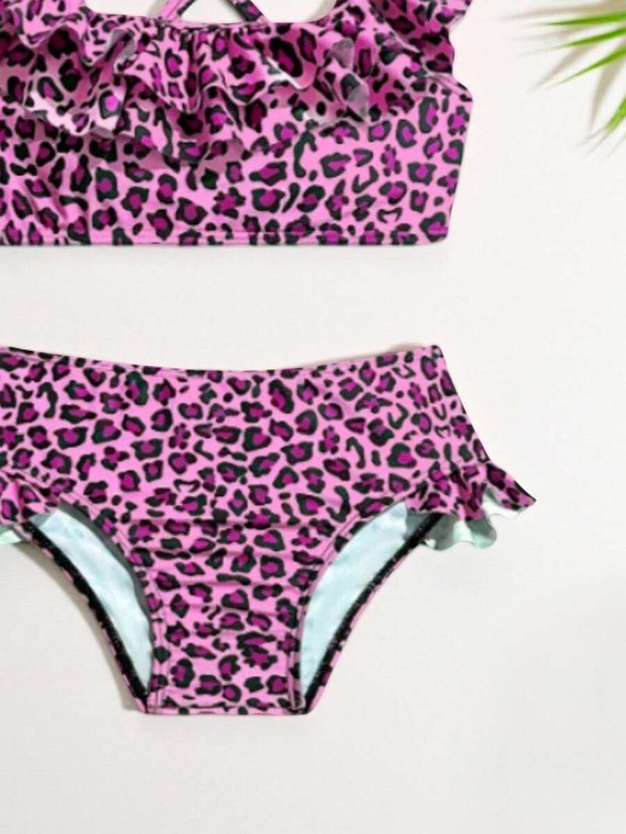 Baby Girls Leopard Print Bikini Set With Ruffle Trim Cute Summer Swimwear