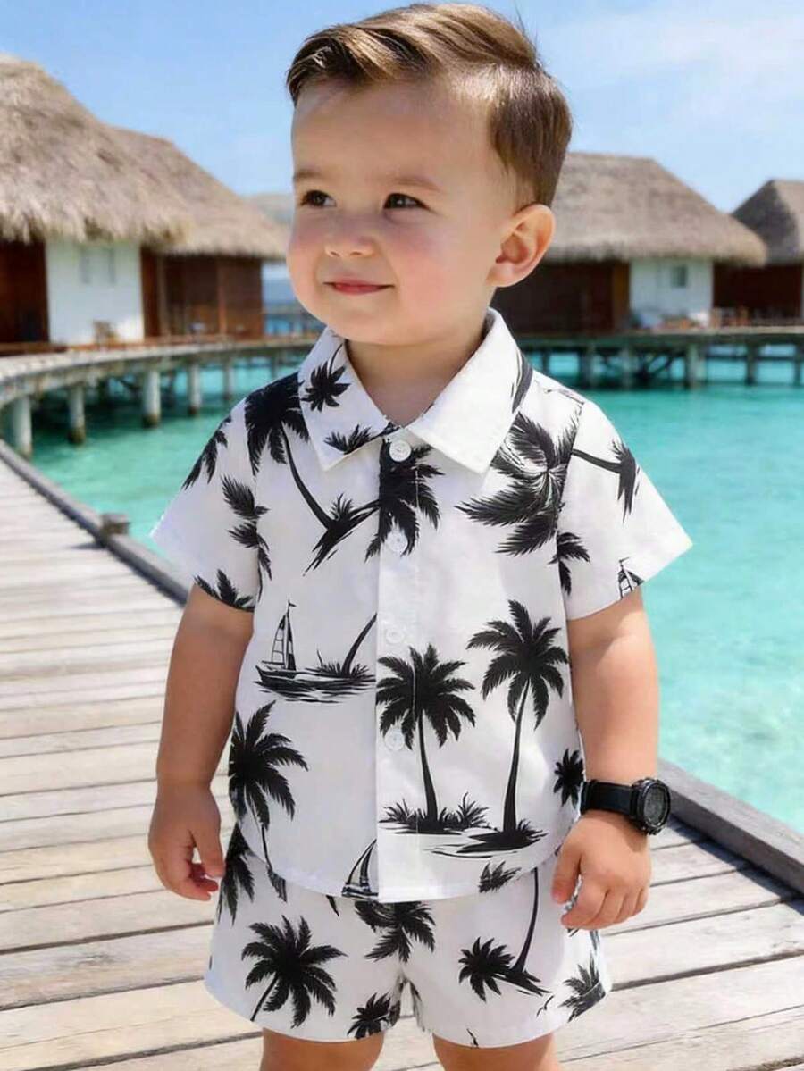 2pcs/Set Baby Boy Tropical Plant Pattern Vacation Outfit (6M-3T)