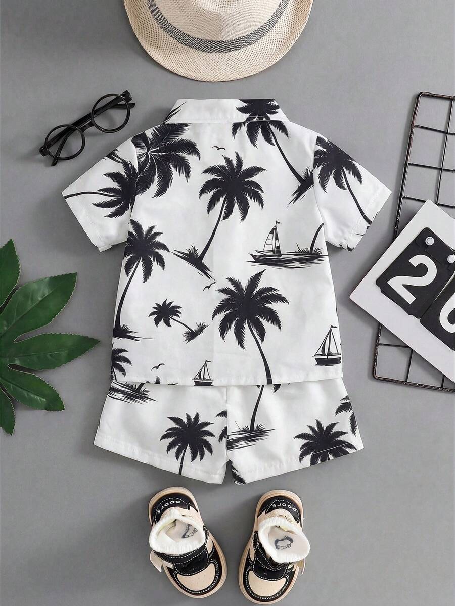 2pcs/Set Baby Boy Tropical Plant Pattern Vacation Outfit (6M-3T)