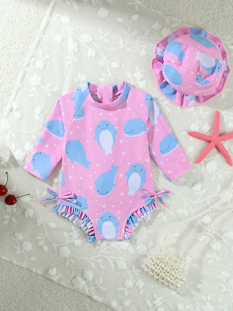 Baby Bow Print Long Sleeve One-Piece Swimsuit Set with Matching Swim Cap