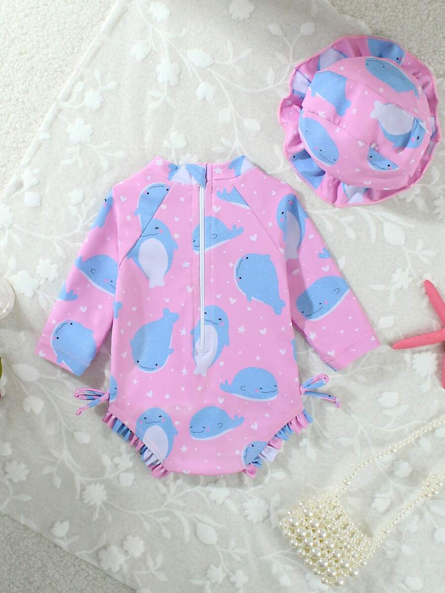 Baby Bow Print Long Sleeve One-Piece Swimsuit Set with Matching Swim Cap